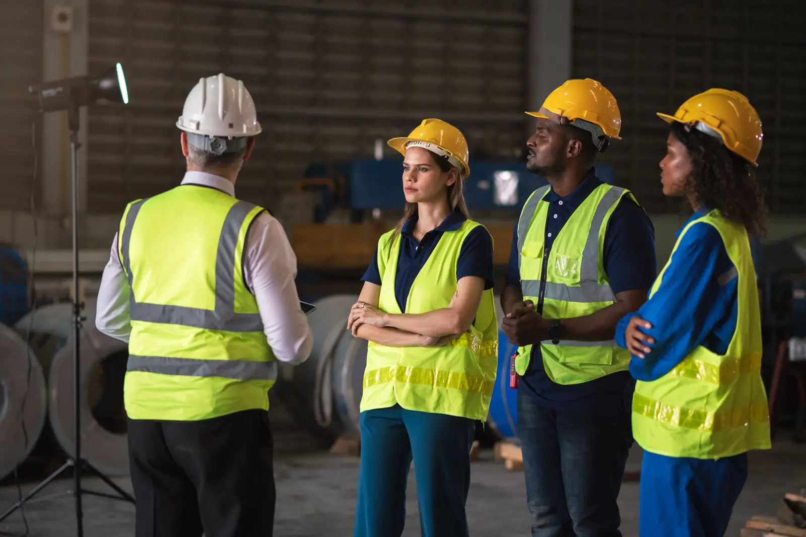 A supervisor briefs workers in hard hats and hi-vis vests in a warehouse